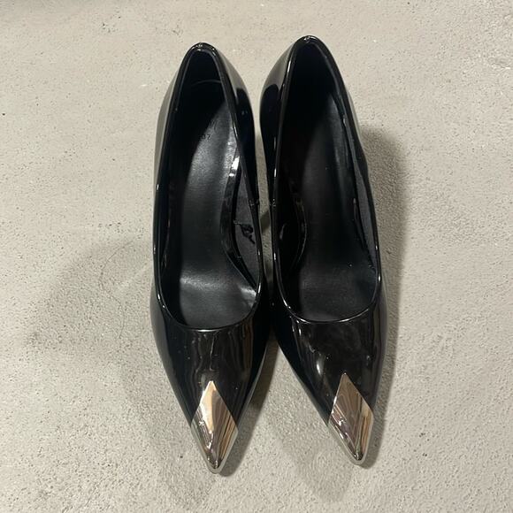 H&M Silver Toe Cap Pointed Patent Black Pumps Size 37 - Picture 1 of 5